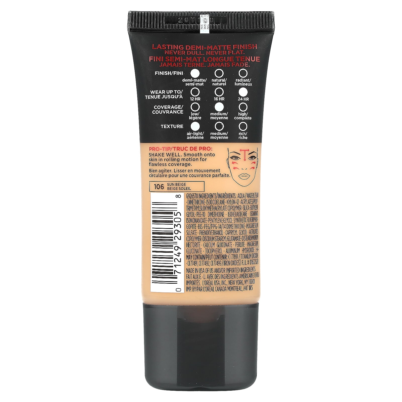 L'Oréal, Infallible, Pro-Matte Foundation, Normal/Oily Skin, 106 Sun Beige,  1 fl oz (30 ml)