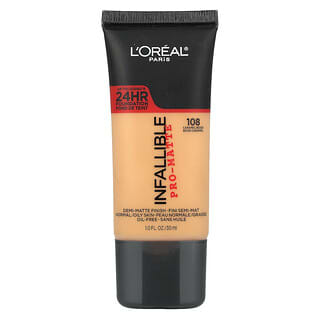 L'Oréal, Infalible, Base de maquillaje mate, Piel normal/grasa, 108 Beige caramelo, 30 ml (1 oz. líq.)