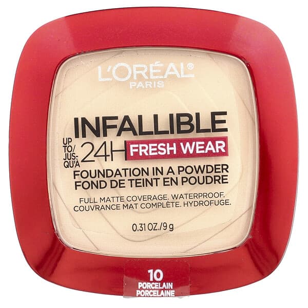 L'Oréal, InFallible 24H เฟรช แวร์ รองพื้นเนื้อแป้งเกลี่ยง่าย บรรจุ 10 พอร์ซเลน ขนาด 0.31 ออนซ์ (9 ก.
