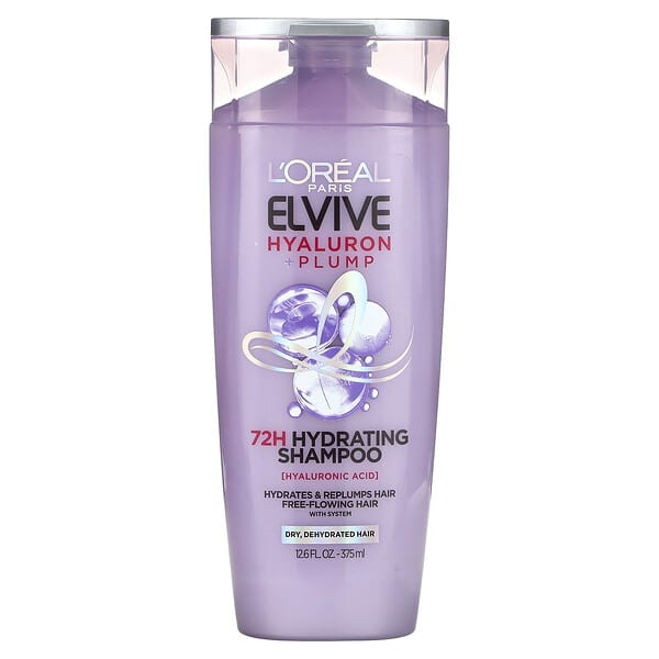 L'Oréal, Elvive，Hyaluron + Plump，72 小時保濕洗髮水，適用於乾性脫水髮質，12.6 液量盎司（375 毫升）