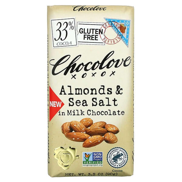 Chocolove, 杏仁和海鹽夾心牛奶巧克力，33% 可可，3.2 盎司（90 克）