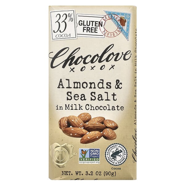 Chocolove, Almonds & Sea Salt in Milk Chocolate, Mandeln und Meersalz in Milchschokolade, 33% Kakao, 90 g (3,2 oz.)