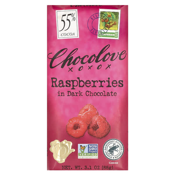 Chocolove, Raspberries in Dark Chocolate, 55% Cocoa, 3.1 oz (88 g)