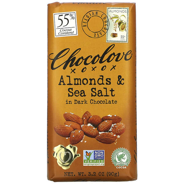 Chocolove‏, شيكولاتة داكنة باللوز وملح البحر، 55% كاكاو، 3.2 أونصة (90 جم)