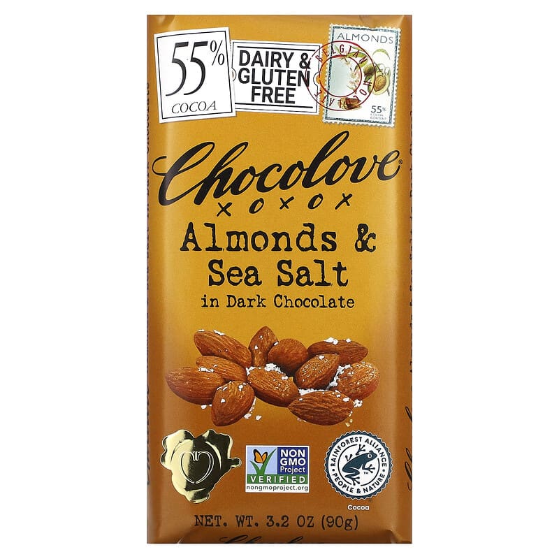 アーモンド＆海塩入りダークチョコレート、カカオ55％、90g（3.2オンス）