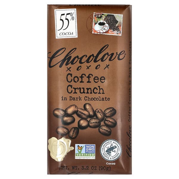 Chocolove（チョコラブ）, コーヒークランチ入りダークチョコレート、カカオ55％、90g