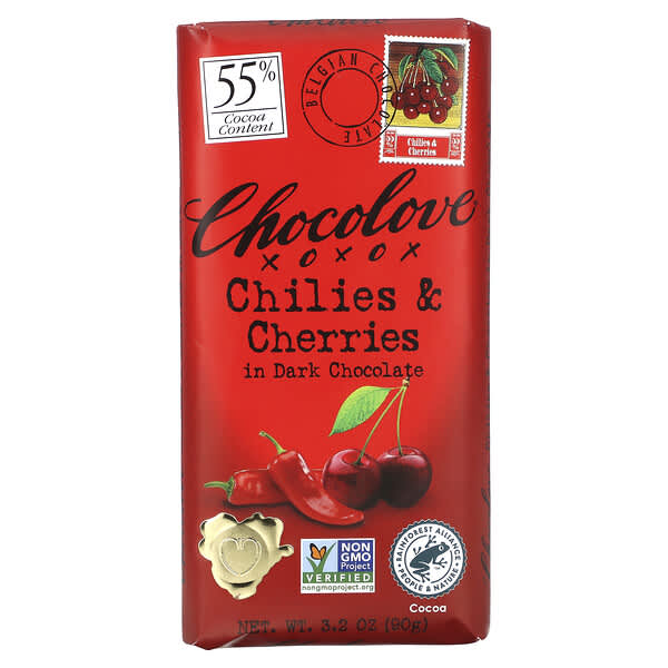 Chocolove, Chilies & Cherries in Dark Chocolate, 55% Cacao, 3.2 oz (90 g)