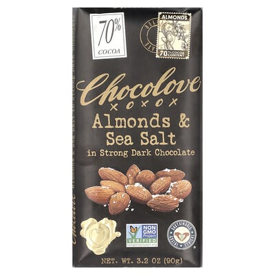 Chocolove,насиченийчорнийшоколадзмигдалеміморськоюсіллю,70%какао,90г(3,2унції)