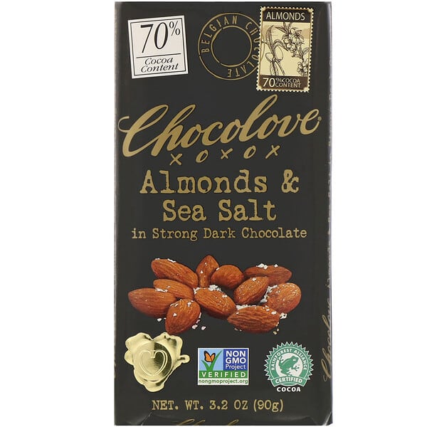 Chocolove, アーモンド＆シーソルト ストロングダークチョコレート、カカオ70％、90g（3.2オンス）