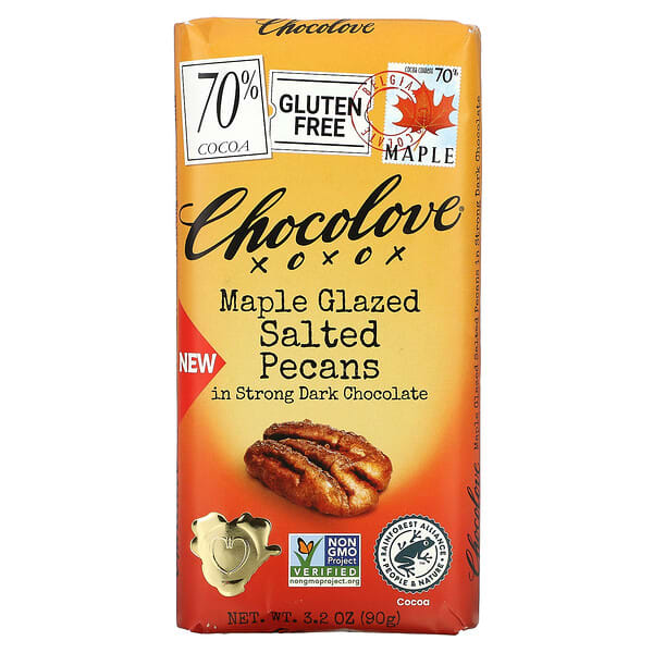 Chocolove‏, פקאנים מומלחים בזיגוג מייפל בשוקולד מריר חזק, 70% קקאו, 90 גרם (3.2 אונקיות)