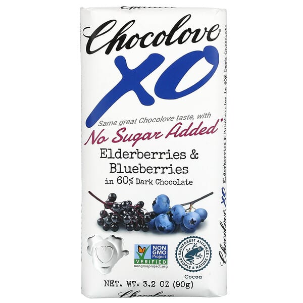 Chocolove, XO, Elderberries & Blueberries In 60% Dark Chocolate, 3.2 oz (90 g)