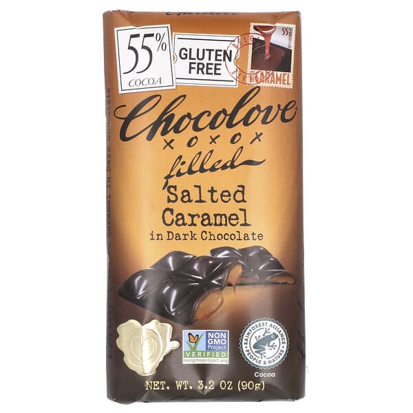 Chocolove, Filled Salted Caramel in Dark Chocolate, 55% Cocoa, 3.2 oz (90 g)