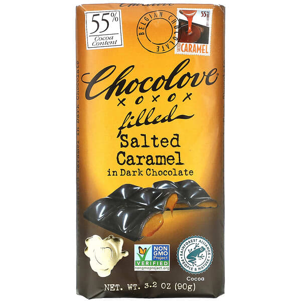 Chocolove, チョコレート入り塩キャラメルダークチョコレート、カカオ55％、90g（3.2オンス）