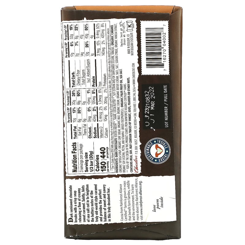 Chocolove Dark Chocolate, Salted Caramel, Filled, 55% Cocoa - 3.2 oz