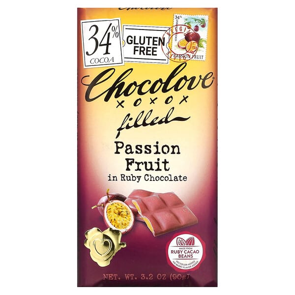 Chocolove‏, טבלת שוקולד אדום במילוי פסיפלורה, 34% קקאו, 90 גרם (3.2 אונקיות)