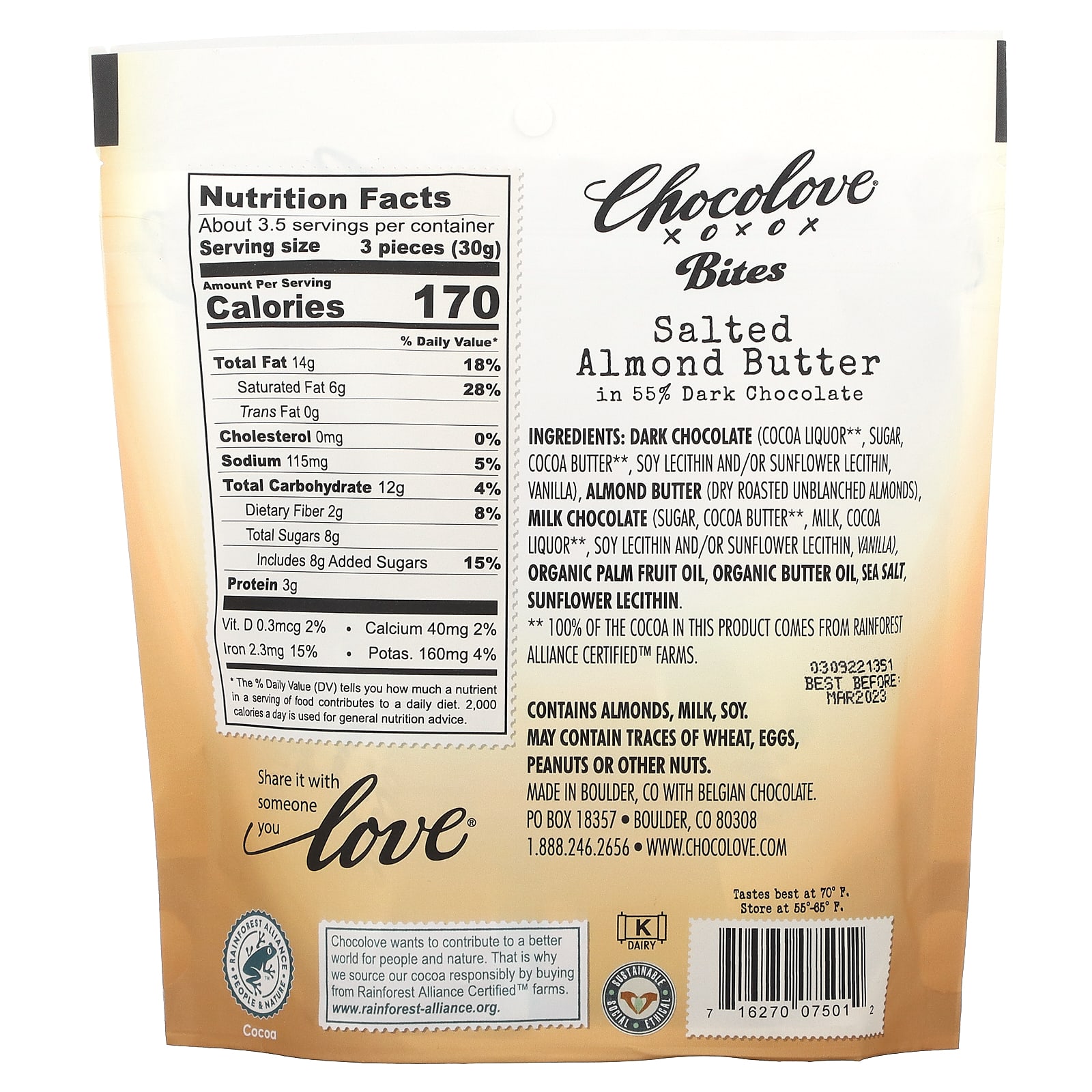 Chocolove, Bites, Salted Almond Butter in 55% Dark Chocolate, 3.5 oz ...