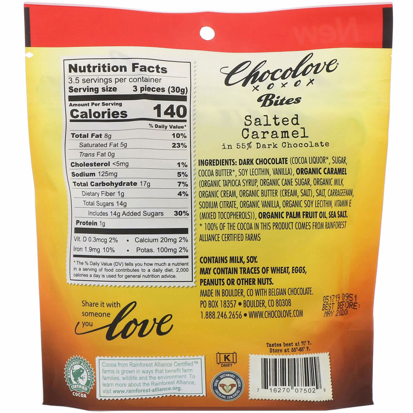 Chocolove, Bites, Salted Caramel In 55% Dark Chocolate, 3.5 Oz (100 G)