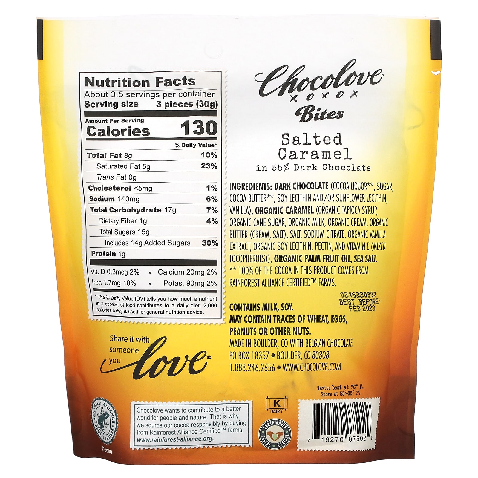 Chocolove, Bites, Salted Caramel in 55% Dark Chocolate, 3.5 oz (100 g)