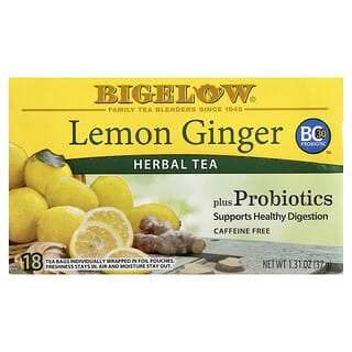 Bigelow, Té de hierbas, Limón y jengibre con probióticos, Sin cafeína, 18 bolsitas de té, 37 g (1,31 oz)