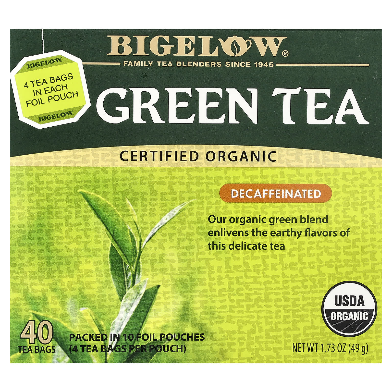 Organic Green Tea, Decaffeinated, 40 Tea Bags, 1.73 oz (49 g)