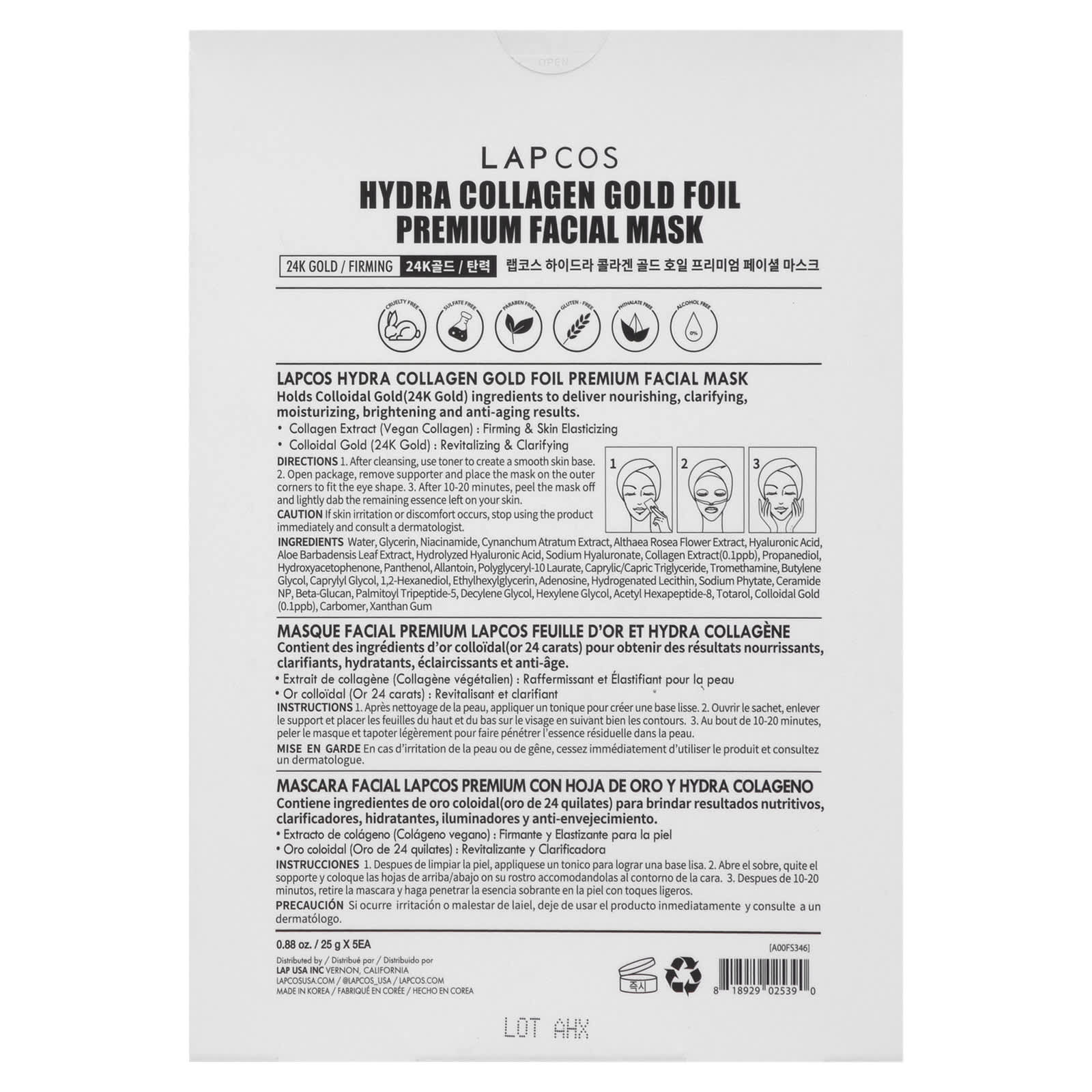 Lapcos, 24K Gold Hydra Collagen Gold Foil, Premium Facial Beauty Sheet