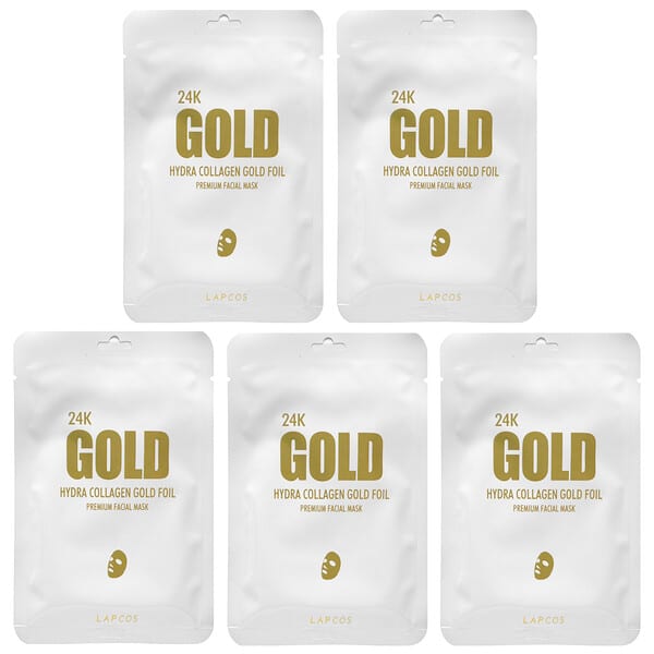 Lapcos, 24K Gold Hydra Collagen Gold Foil, Premium Facial Beauty Sheet Mask, 5 Sheets, 0.88 oz (25 g) Each