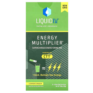 Liquid I.V., Multiplicador de energía, Mezcla para preparar bebidas energéticas supercargadas, Limón y jengibre, 10 sobrecitos, 13 g (0,45 oz) cada uno
