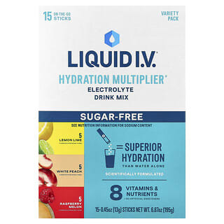Liquid I.V., Hydration Multiplier®, Mezcla para preparar bebidas con electrolitos, Paquete surtido, Sin azúcar, 15 sobrecitos, 13 g (0,45 oz) cada uno