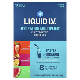Liquid I.V., Hydration Multiplier®, Mezcla para preparar bebidas con electrolitos, Paquete surtido, 15 sobrecitos, 16 g (0,56 oz) cada uno