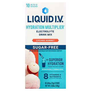 Liquid I.V., Hydration Multiplier®, elektrolytická zmes na nápoj, liči sorbet, bez cukru, 10 tyčiniek, každá po 13 g
