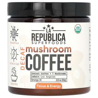 LA Republica, Mushroom Coffee, Instant Coffee + 7 Mushrooms, Decaf, 2.12 oz (60 g)