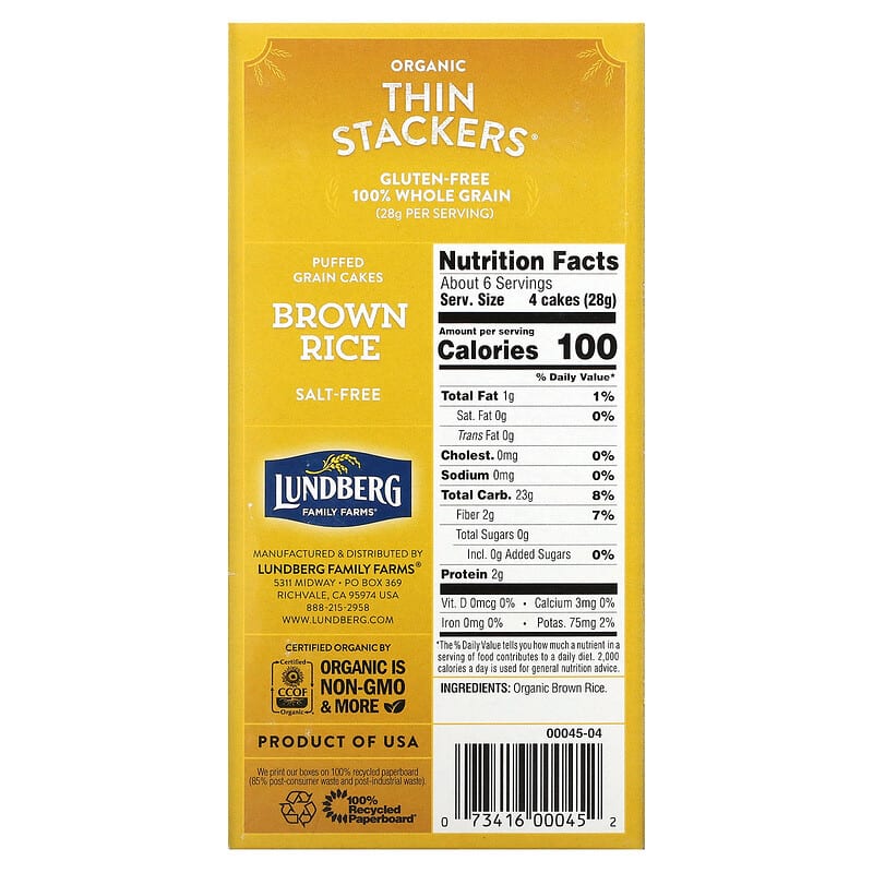 Organic Thin Stackers, Puffed Grain Cakes, Brown Rice, Salt-Free, 24 Rice  Cakes, 6 oz (168