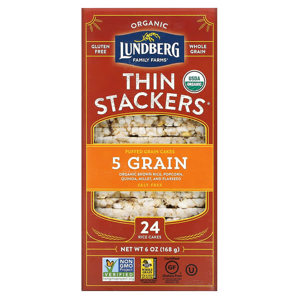 Lundberg, Organic Thin Stackers, Puffed Grain Cakes, 5 Körner, salzfrei, 24 Reiskuchen, 168 g (6 oz.)