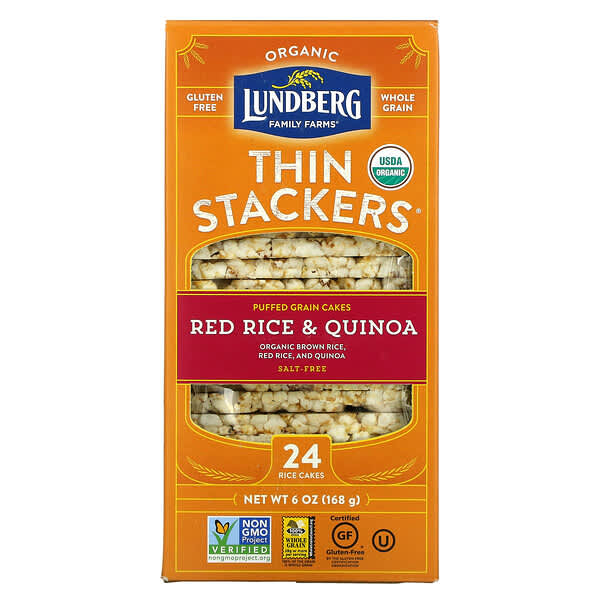 Lundberg, Thin Stackers orgánicos, Discos de cereal inflado, Arroz rojo y quinua, Sin sal, 24 discos de arroz, 168 g (6 oz)