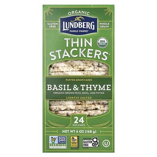 Lundberg, Organic Thin Stackers, зернові коржі, базилік і чебрець, злегка підсолені, 24 рисові коржі, 168 г (6 унцій)