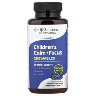 LifeSeasons, Children's Calm+ Focus, жевательные таблетки с голубым цветом малины, 90 жевательных таблеток