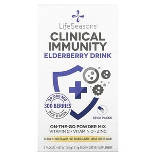 LifeSeasons, Mistura para Bebida de Sabugueiro para Imunidade Clínica, Fruto Silvestre e Limão, 39.000 mg, 5 Pacotes, 3,14 g Cada