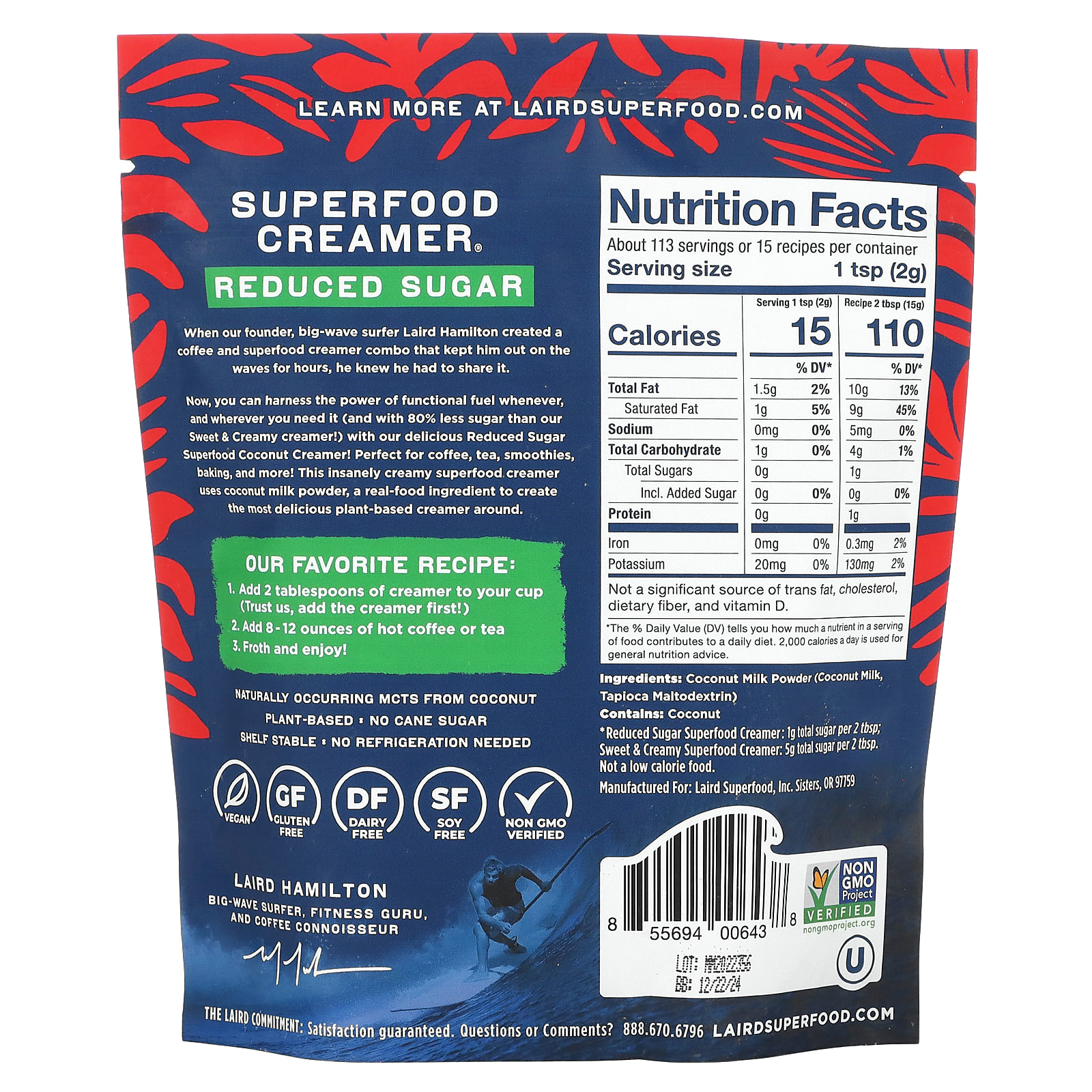 Laird Superfood, Superfood Creamer, Reduce Sugar, 8 oz (227 g)