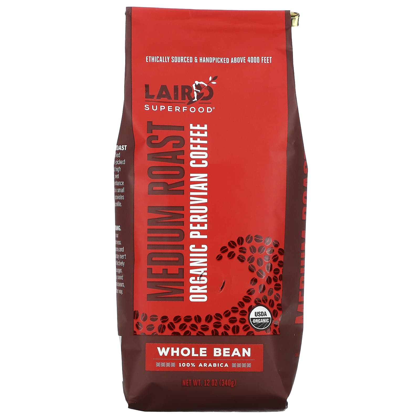 Laird Superfood, Organic Peruvian Coffee, Whole Bean, Medium Roast, 12