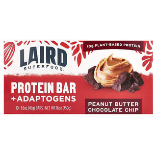 Laird Superfood, Barra de Proteína + Adaptogênicos, Manteiga de Amendoim e Gotas de Chocolate, 10 Barras, 45 g (1,6 oz) Cada