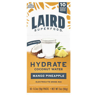 Laird Superfood‏, Hydrate מי קוקוס, תערובת להכנת משקה אלקטרוליטים, מנגו אננס, 10 אריזות יחידה, 9 גרם (0.3 אונקיות) כל אחת