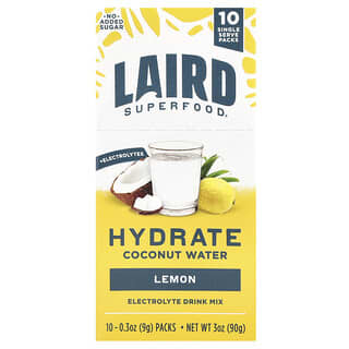 Laird Superfood, Hydrate Coconut Water, Микс за напитки с електролити, Лимон, 10 опаковки, 0,3 унции (9 g) всяка