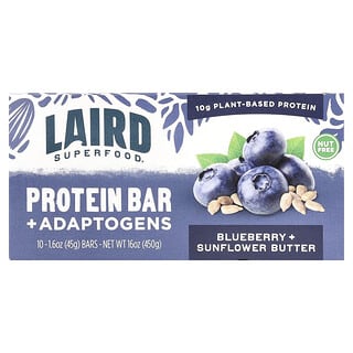 Laird Superfood, Protein Bar + Adaptogens, Blueberry + Sunflower Butter, 10 Bars, 1.6 oz (45 g) Each