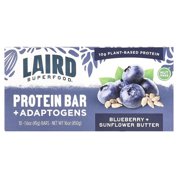 Protein Bar + Adaptogens, Blueberry + Sunflower Butter, 10 Bars, 1.6 oz (45 g) Each