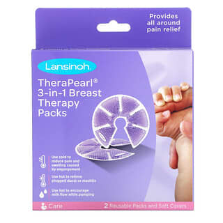 Lansinoh, TheraPearl, Tratamiento para las mamas 3 en 1, 2 compresas reutilizables y fundas suaves