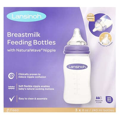 Lansinoh, Breastmilk Feeding Bottles with NaturalWave® Nipple, Medium Flow, 3 Bottles, 8 oz (240 ml) Each