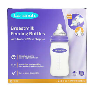 Lansinoh (لانسينو)‏, زجاجات الرضاعة الطبيعية مع حلمة NaturalWave، تدفق متوسط، 3 زجاجات، 8 أونصات (240 مل) لكل زجاجة
