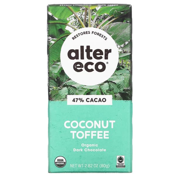 Alter Eco, オーガニックチョコレートバー、ダーク塩ココナッツタフィー、カカオ47％、80g（2.82オンス）