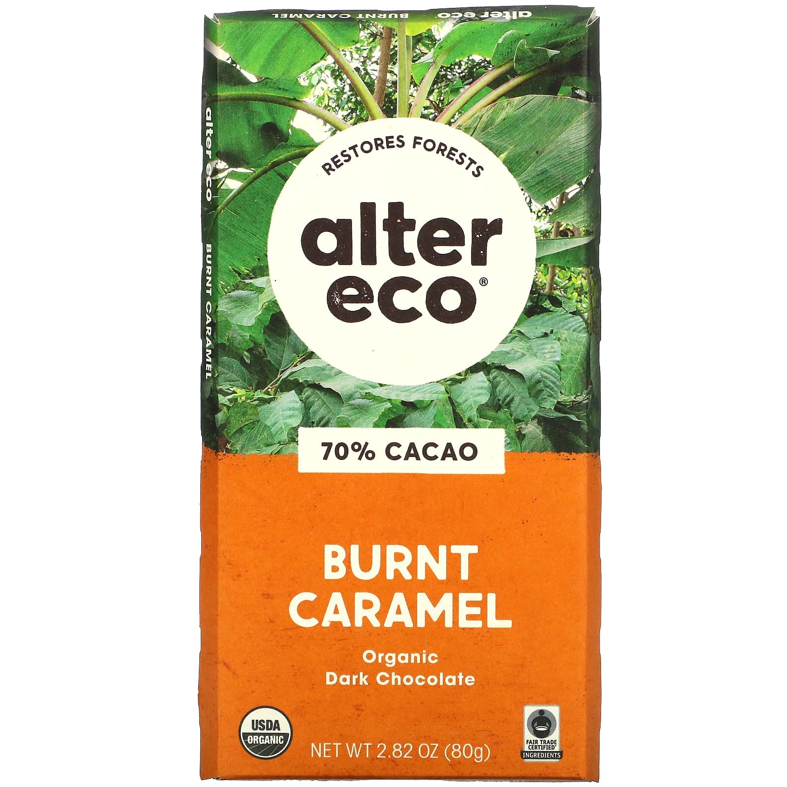 Alter Eco, Barra de chocolate negro orgánico, Caramelo quemado, 70 % de  cacao, 80 g (2,