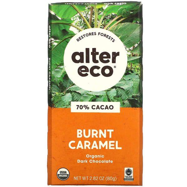 Alter Eco, オーガニックダークチョコレートバー、焦がしキャラメル、カカオ70％、80g（2.82オンス）